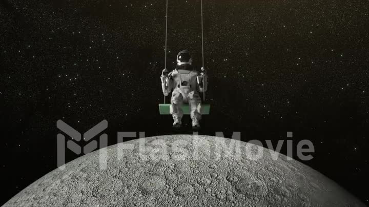 Astronaut swing on the background of space. Moon below. Gravity. Surrealism. Starry sky. 3d animation of a seamless loop