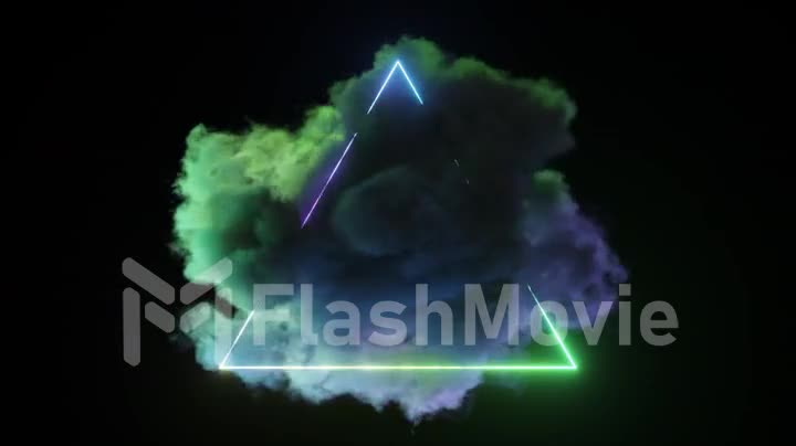 Bright neon triangle on a black isolated background. Cloud around and inside the triangle. Fantastic modern design.