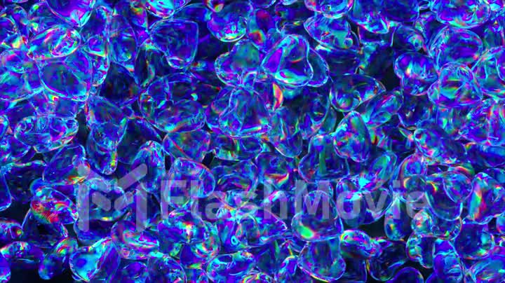 Love concept. A neon heart jumps in a pile of blue heart shaped diamond figurines. Valentine's Day. 3d animation