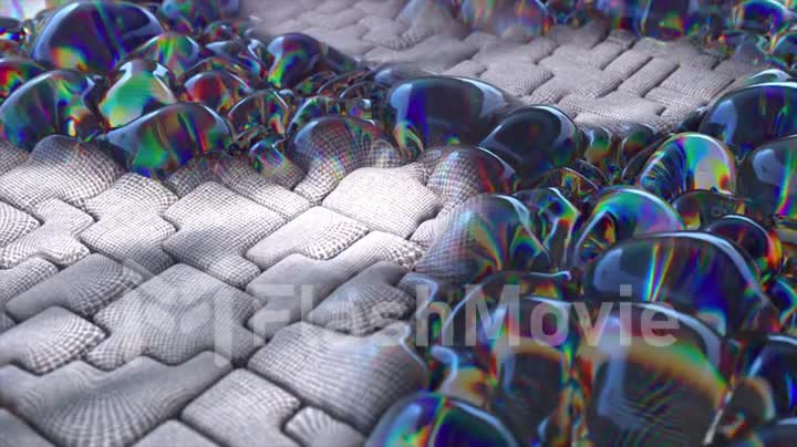 Large iridescent bubbles inflate on a gray soft surface. Patterns. Puzzle. Dark and light. 3D animation