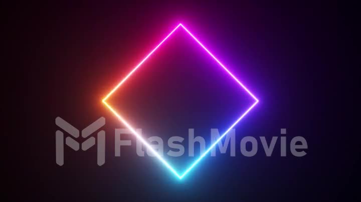 Abstract concept. Neon rhombus on a black background. Blue purple neon color. 3d animation of a seamless loop.