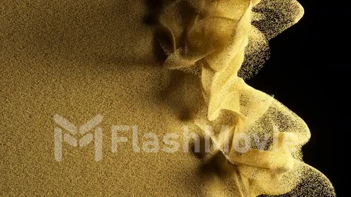 Gold sand cover blown off on a black isolated background. Airflow. Grains of sand. Slow motion. 3d animation