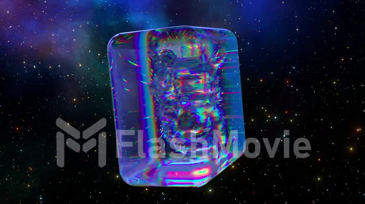Ice cube rotates on Space Background. Diamond astronaut inside a transparent cube. Blue neon color. 3D animation