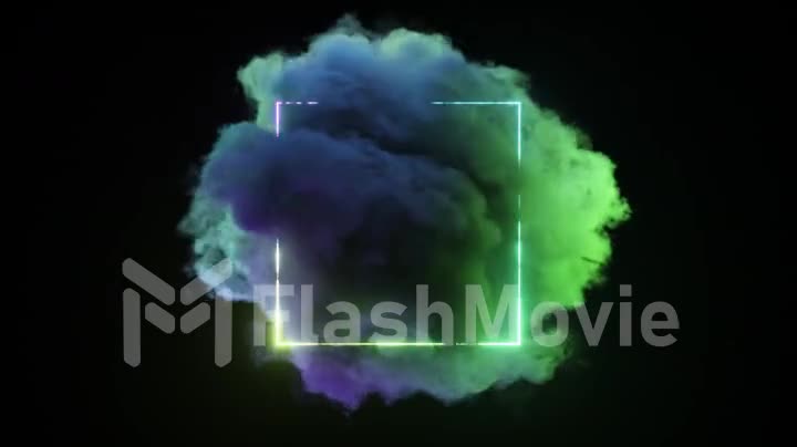 Abstract concept. Neon rainbow square on an isolated black background. A blue green cloud flies around. 3d animation