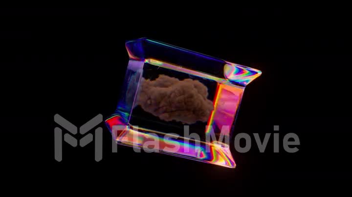 A gray cloud inside a glass rotating box. Black isolated background. Transparent cube. Rainbow color. 3d animation