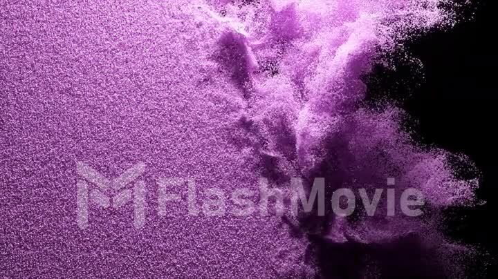 Colored powder scatters on a black isolated background. Sand. Spray. Purple color. Slow motion. 3d animation.