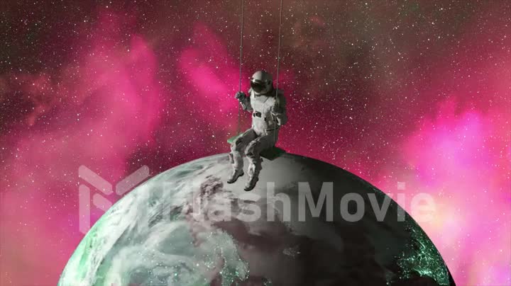 Abstract space concept. Astronaut on a swing. The earth is in the background. Purple neon color. 3d animation