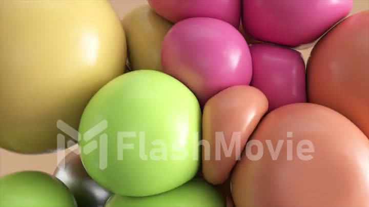 Abstract background with dynamic spheres. 3D rendering of soft pink, green, pastel and metallic balls flying.