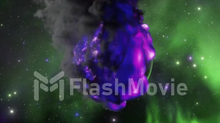Purple neon fire destroys the planet leaving a large hot ball of lava. Space. Green glow. Abstract concept