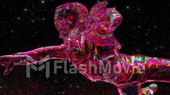 Abstract space concept. Pink neon color. Diamond astronaut floats against the starry sky. Open space. 3d animation.