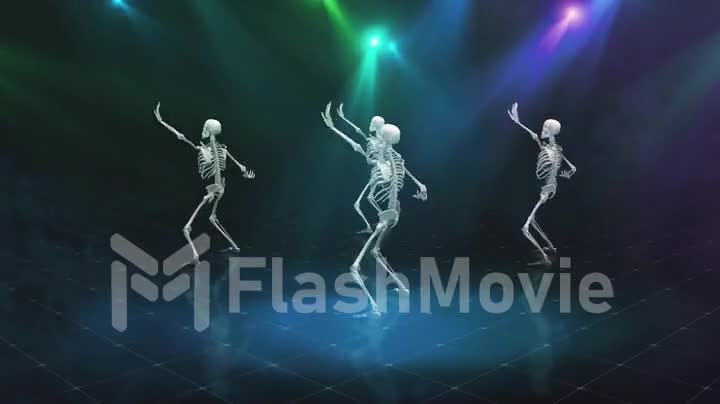 Three Dancing Skeleton in Smoke on a bright blinking scene