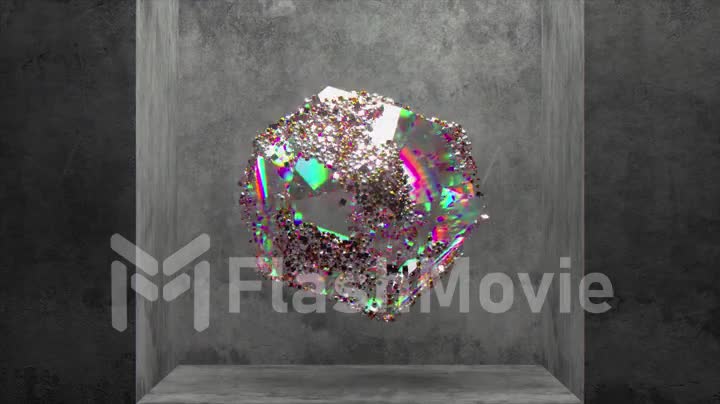 Abstract concept. A multifaceted transparent gem rotates on a gray background. Change of scenery. Precious particles.