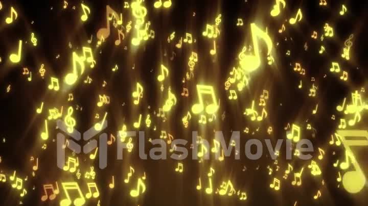Abstract flow of golden musical notes flying into the camera