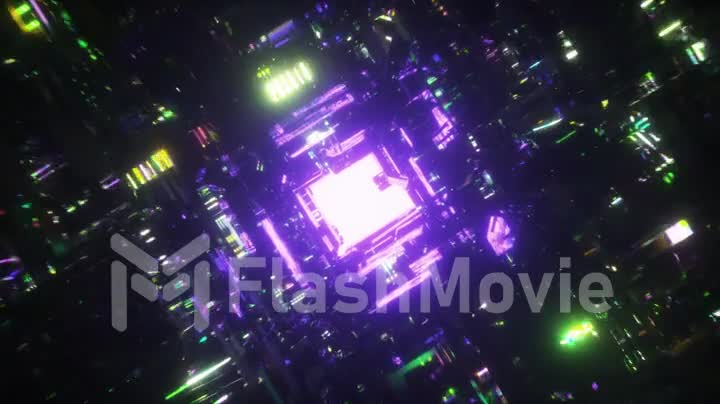 Flight through the dark tunnel towards the purple neon light. Laser glow. Neon backgrounds 3d animation