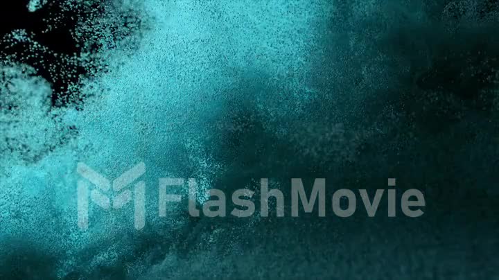 Blue sand cover blown off on a black isolated background. Airflow. Grains of sand. Slow motion. 3d animation