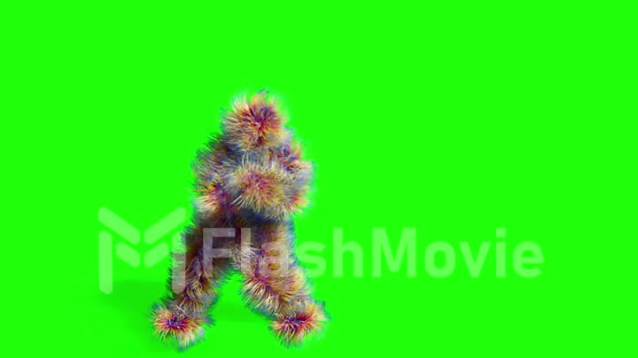 Funny hairy colorful character Dancing on green Background