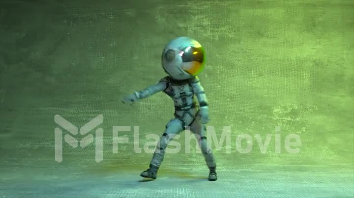 Dancing astronaut with a large round helmet on his head. Green blue neon light blinking. 3d animation