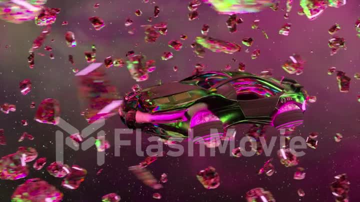 Flying diamond space vehicle flies through a cluster of diamond asteroids. Pink neon color. Sports car. 3d animation