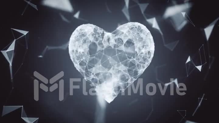 The digital heart icon is formed from particles in a network cloud