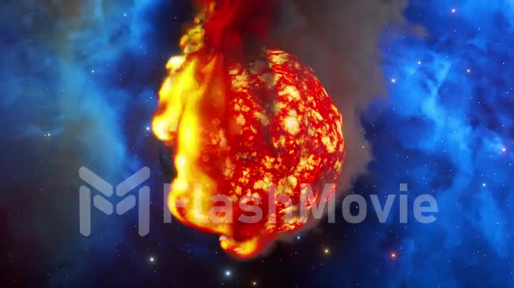 The big bang burns the planet leaving a large lava ball. Space on the background. Red orange fire. Smoke. 3d animation