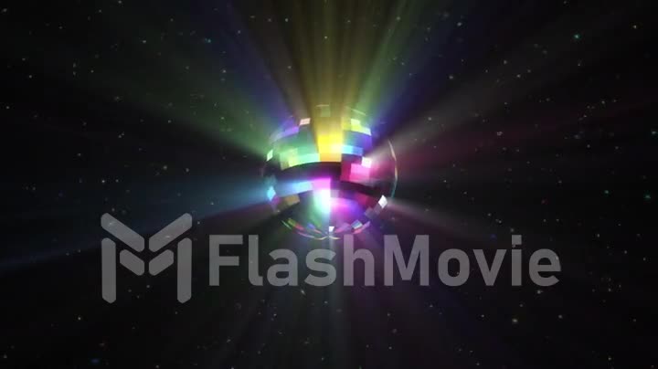 Seamless animation of the rotation of a colorful multi-colored disco ball with particles and rays