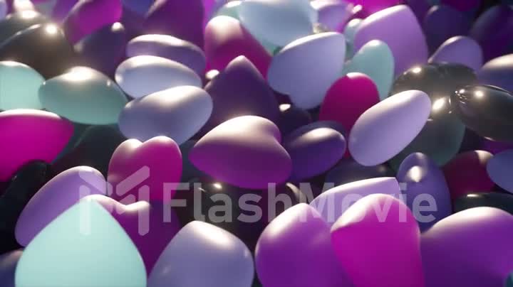 Love concept. A neon heart jumps over a pile of transparent purple heart-shaped figurines. 3d animation