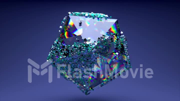 Diamond polyhedral sphere rotates. Blue neon color. Particles are randomly move on the surface. 3d animation