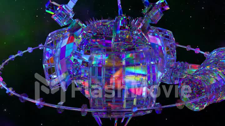 A diamond spaceship is assembled in the middle of outer space. Science fiction. Galaxy. Blue neon color. 3d animation