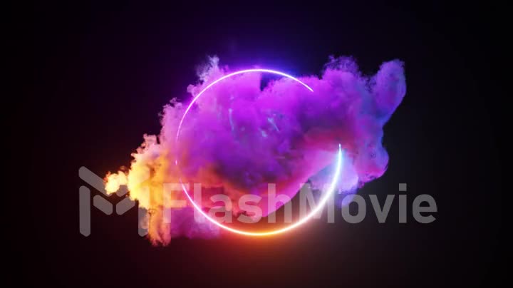 Abstract concept. A cloud illuminated by a neon light ring on a black isolated background. Glowing geometric figure.