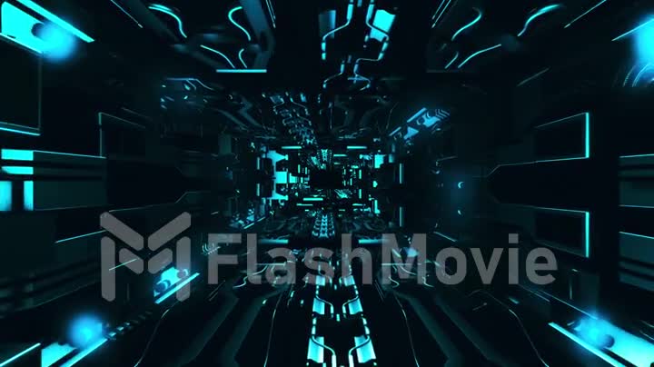 Fly inside of futuristic metallic corridor