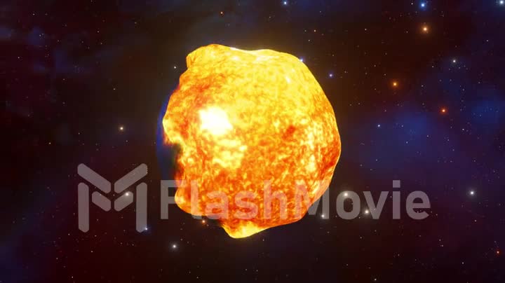 Hot liquid lava engulfs the planet. Fireball on the background of space. Science fiction. Gas giant. 3d animation.