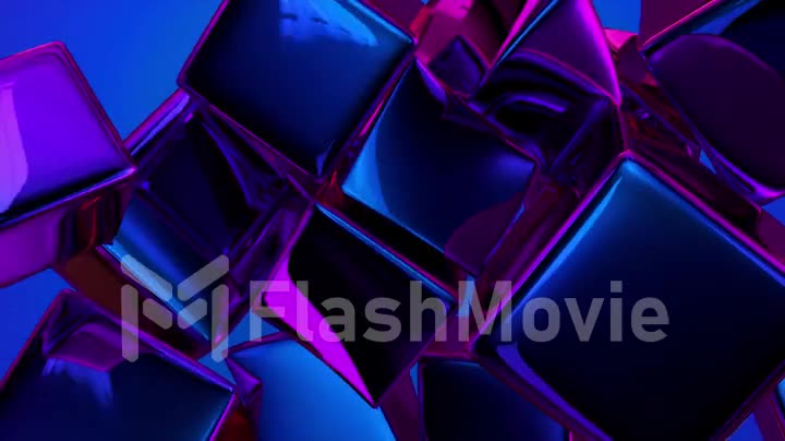 Soft elastic cubes of blue metallic color. Collide and merge into many cubes. Rainbow mirror color. 3d animation.