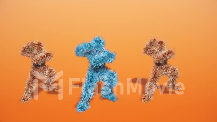 Three funny hairy colorful characters Dancing Gangnam Style on Orange Background