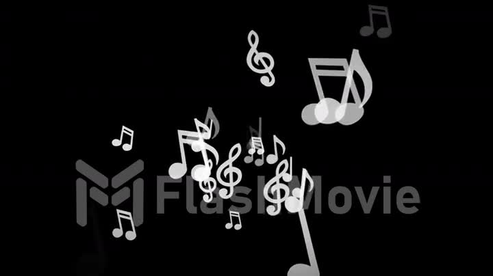 White musical notes move to the sides on a black background