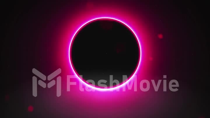 Purple neon glowing abstract ring sparkles on a black background with copy space