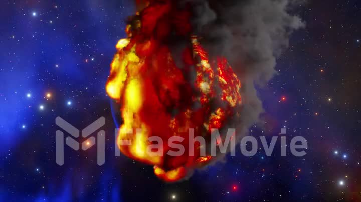 The big bang burns the planet leaving a large lava ball. Space on the background. Red orange fire. Smoke. 3d animation