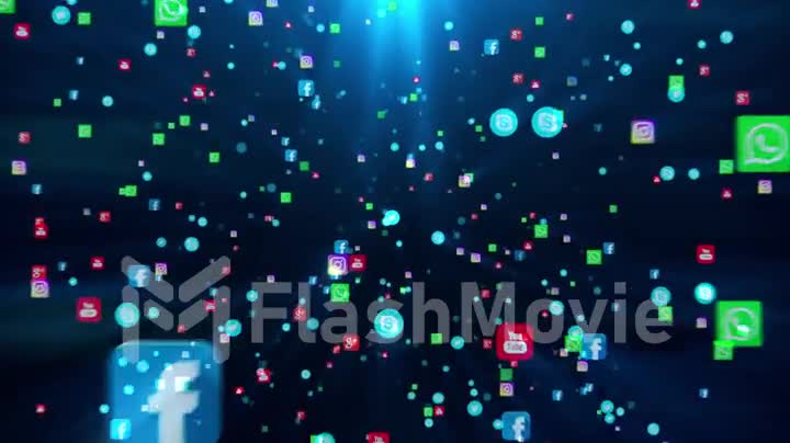 Seamless loop editorial animation on a black background. Flying banners of the most popular social media in the world, such as facebook, instagram, youtube, skype, twitter and others.