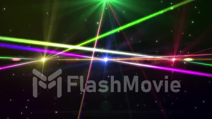 laser show from multi-colored rays of light in dark in disco