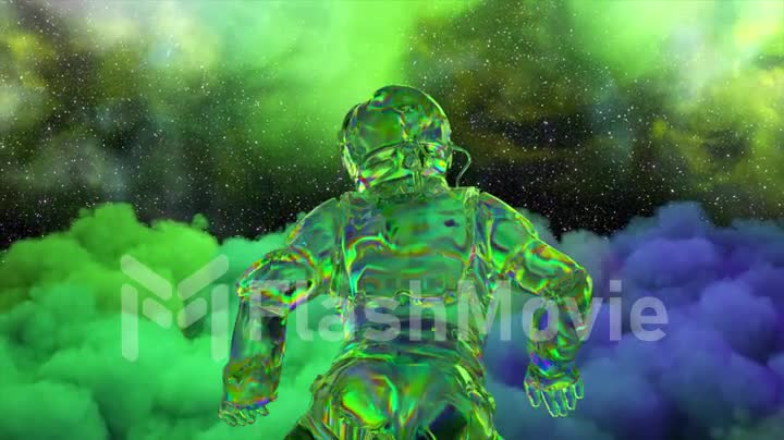 An astronaut floats above a green blue cloud in outer space. Diamond suit. neon color. Milky Way. 3d animation