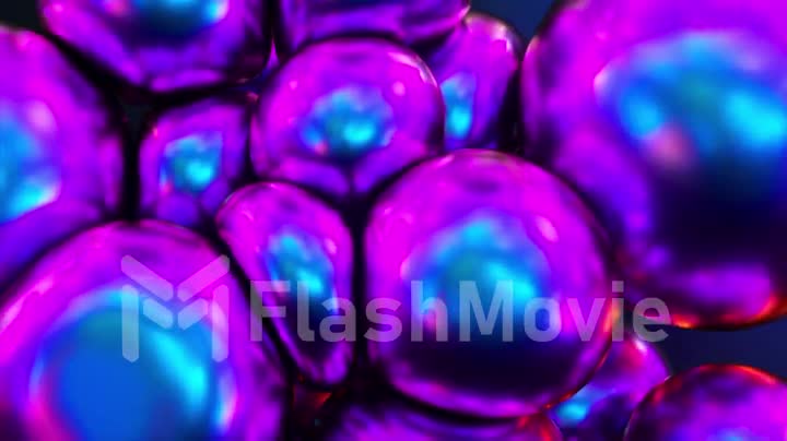 Abstract concept. Soft neon blue-violet balls reach for each other. Sticky spheres. metallic color. 3d animation