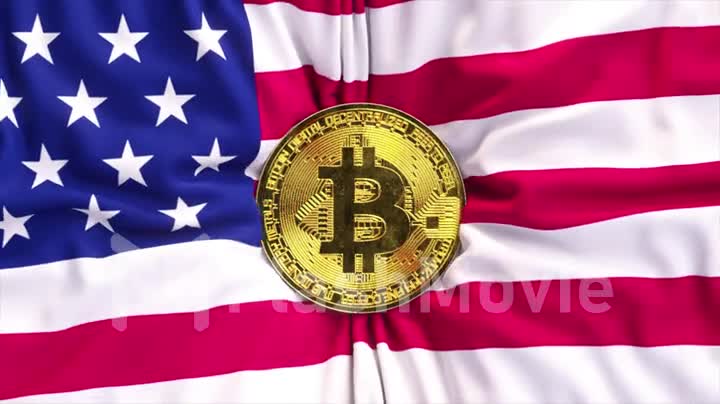 Cryptocurrency concept. The American flag shrinks around a bitcoin. Creases in fabric. USA. 3d animation