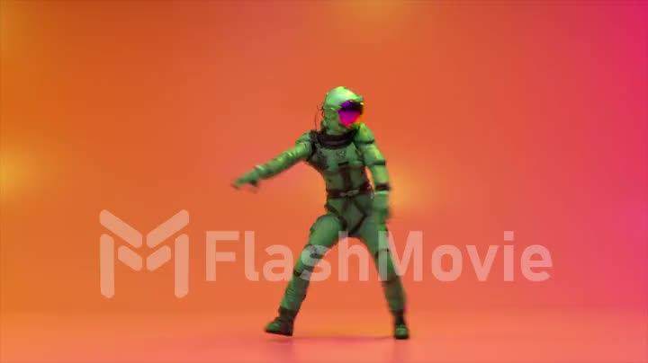 An astronaut in a space suit is dancing on a bright pink background. 3d animation of a seamless loop.