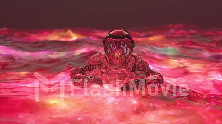 Space concept. Diamond astronaut swims in the ocean with red water. Waves. 3d animation of seamless loop