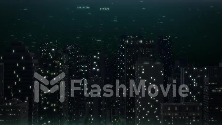 Computer generated 3D financial city flight animation.