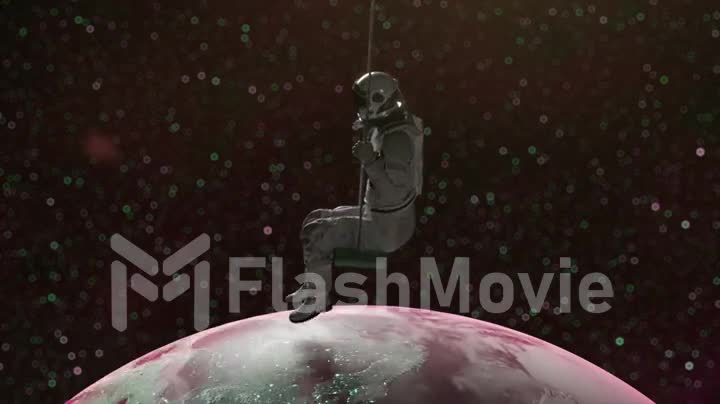 Space concept. A modern astronaut swings on a rope swing against the backdrop of the moon. 3d animation