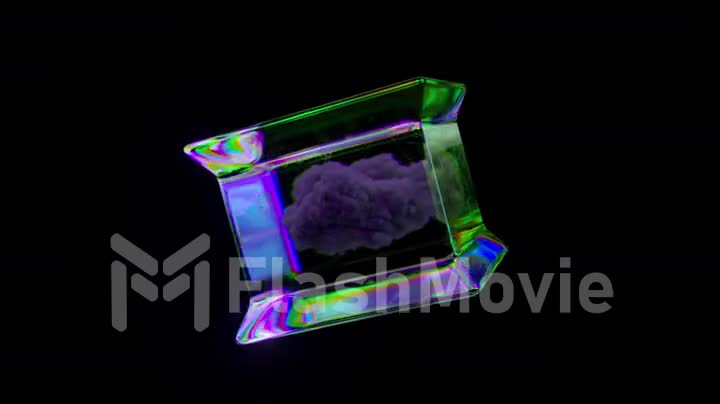 A gray blue cloud inside a glass rotating box. Black isolated background. Transparent cube. Rainbow color. 3d animation