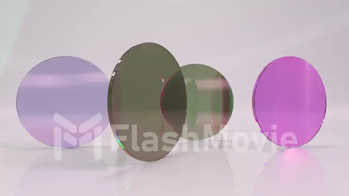 Colorful translucent blue purple glass lenses rotate and rotate on a light background. 3d illustration