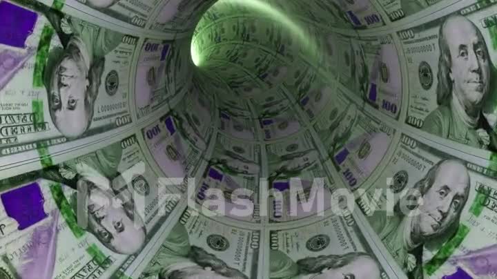 Finance concept. Flight through the tunnel of dollars. A light in the end of a tunnel. 3d animation of a seamless loop