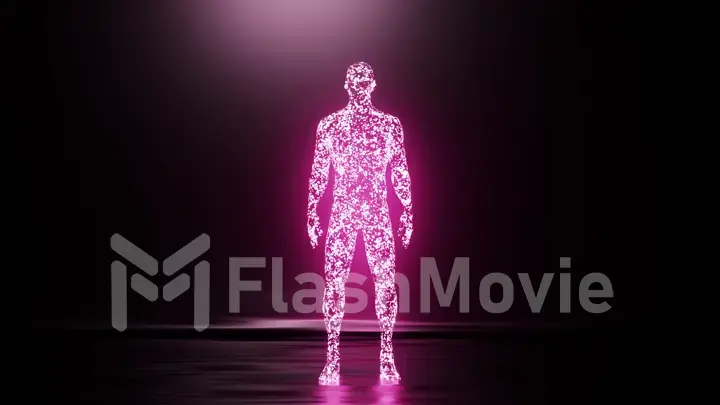 Visualization of artificial intelligence. A human figure emerges from neon purple glowing particles. Dark background.