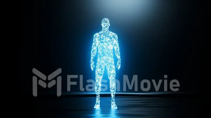 Visualization of artificial intelligence. A human figure emerges from neon blue glowing particles. Dark background.